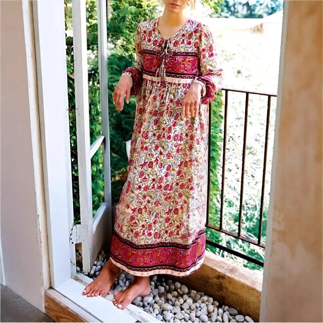Multi Floral Print Tie Neck Tassel Vintage Bohemian Maxi Dress