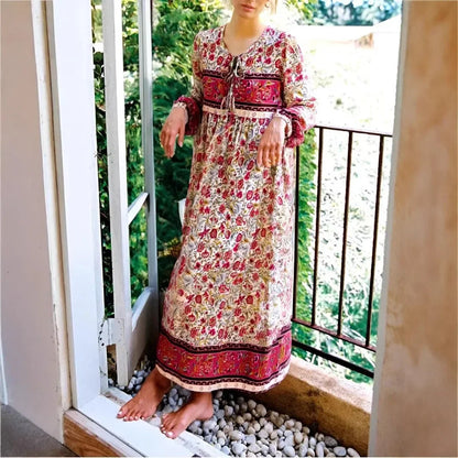 Multi Floral Print Tie Neck Tassel Vintage Bohemian Maxi Dress