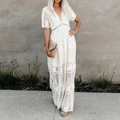 Lace Embroidery Patchwork Long Sleeve White Boho Dress