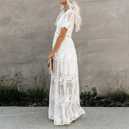 Lace Embroidery Patchwork Long Sleeve White Boho Dress