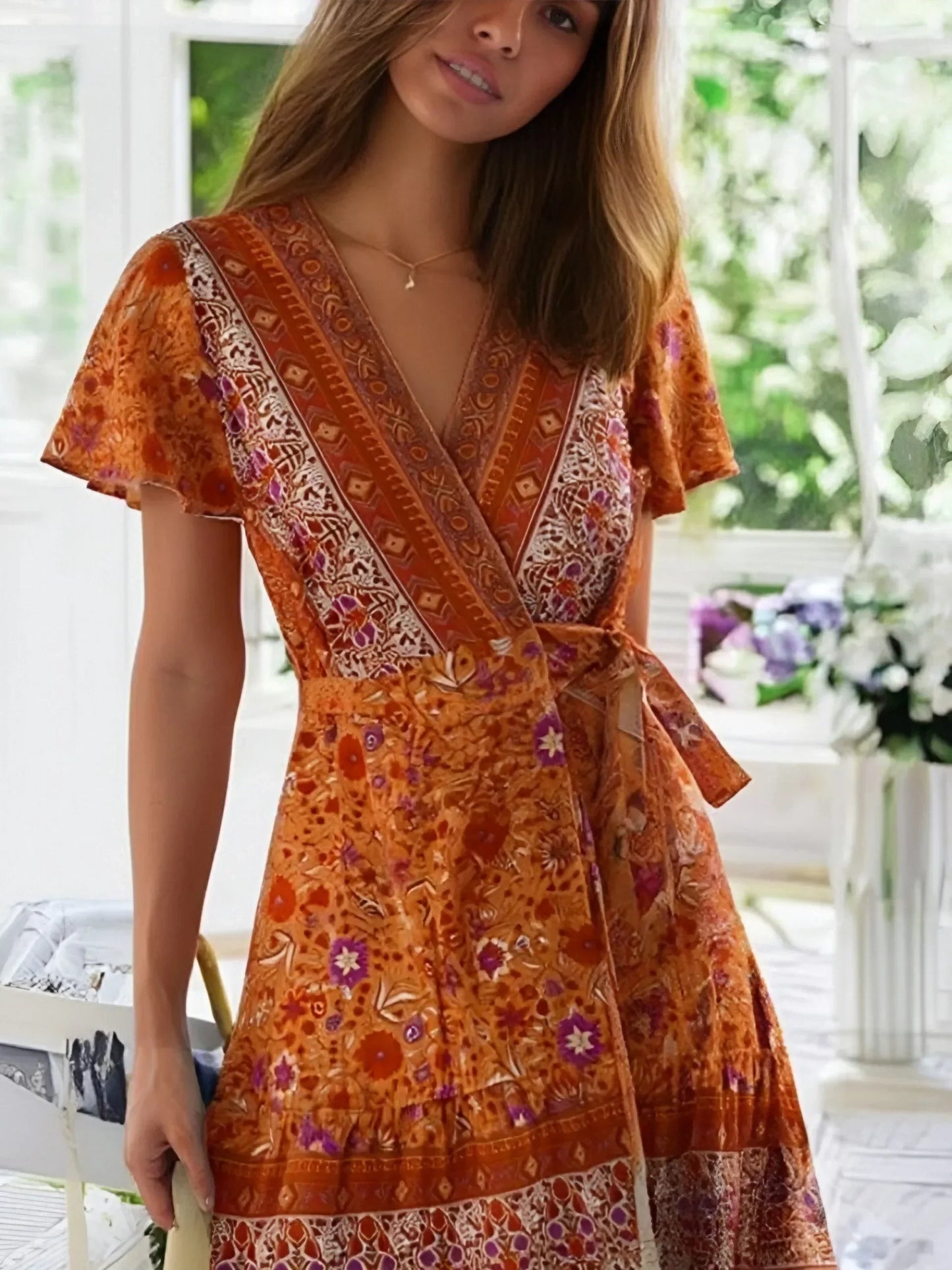 Floral Print V-neck Wrap Short Sleeve Mini Boho Dress