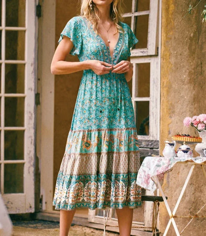 Vintage Floral Print Sashes Cross V-neck Maxi Boho Dress
