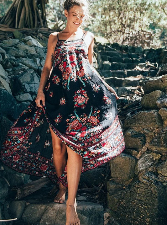 Peacock Floral Print Sleeveless Beach Bohemian Maxi Boho Dress