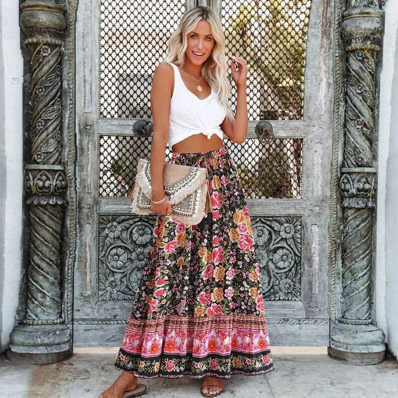 Black Floral Print Pleated Bohemian Skirt Elastic Waist A-Line Rayon Maxi