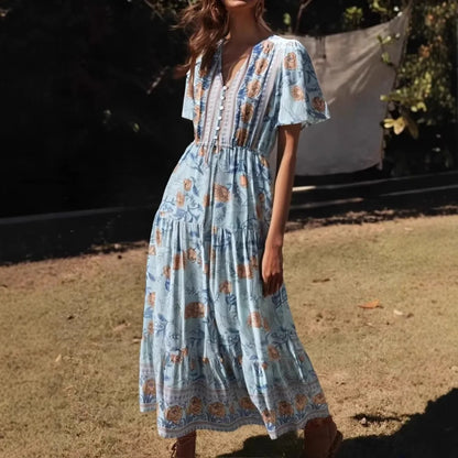 Blue Floral Print Ruffles Sleeve Rayon A-line Beach Maxi Boho Dress
