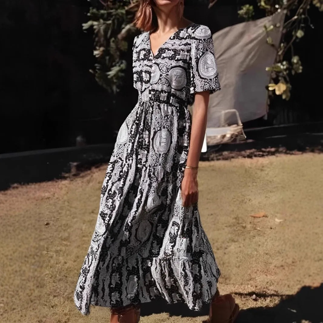 Blue Floral Print Ruffles Sleeve Rayon A-line Beach Maxi Boho Dress