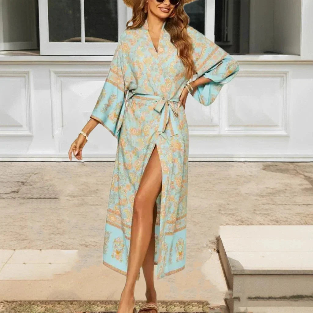 Blue Floral Sashes Boho Kimono Dress
