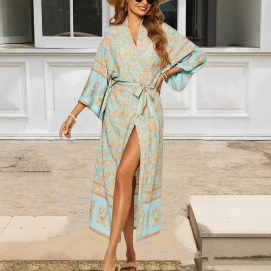 Blue Floral Sashes Boho Kimono Dress