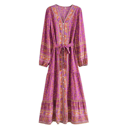 Deep V-neck Floral Long Sleeve Cotton Boho Dress