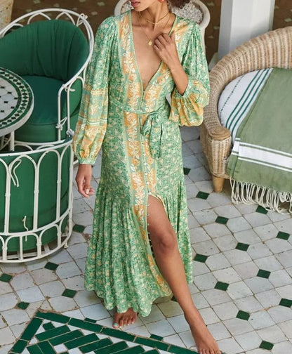 Deep V-neck Floral Long Sleeve Cotton Boho Dress