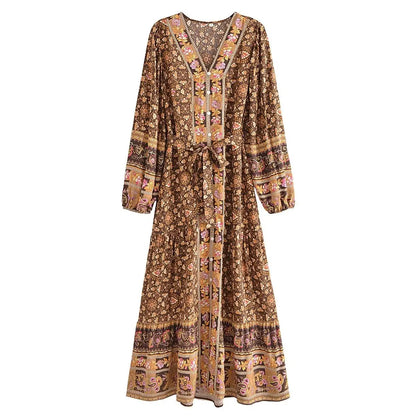 Deep V-neck Floral Long Sleeve Cotton Boho Dress