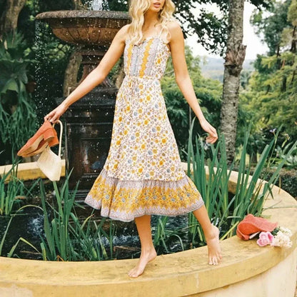 Elegant Sleeveless Floral Rayon Cotton Midi Boho Dress