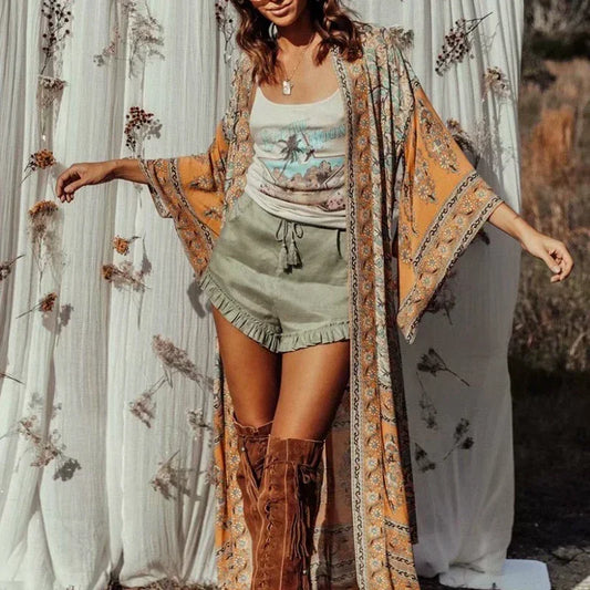 Floral Print Bat Sleeve V-neck Bikini Boho Cover-ups