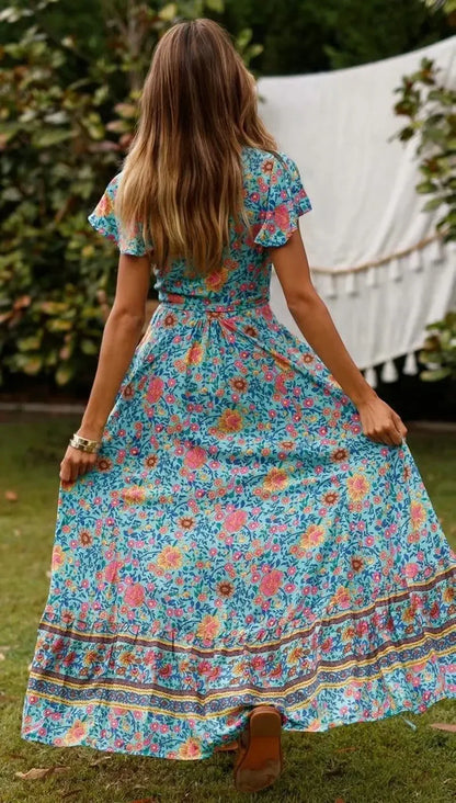 Floral Print Bat Sleeve Sashes Wrap Maxi Boho Cover-ups