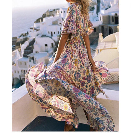 Floral Print Bat Sleeve V-neck Tassel Maxi Rayon Boho Dress
