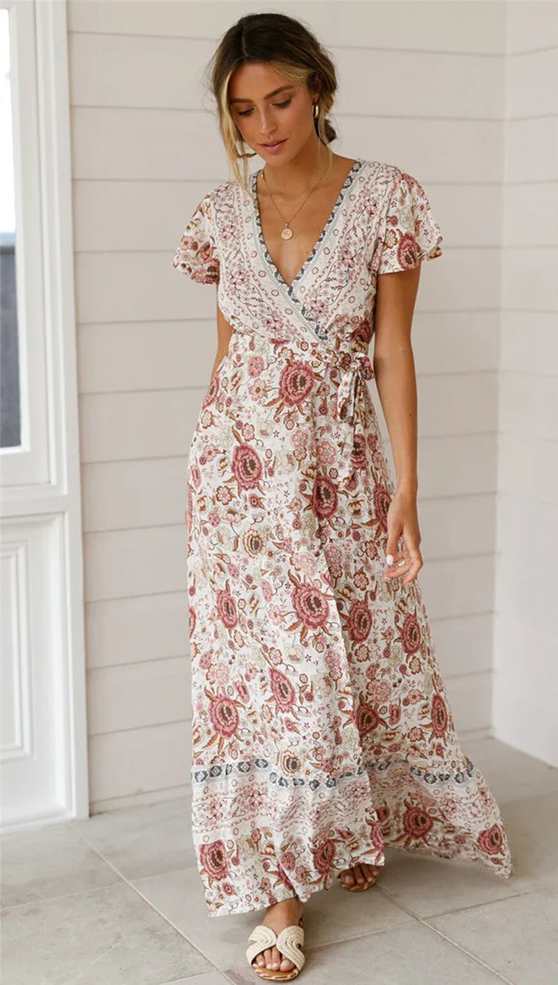 Floral Print Bat Sleeve Wrap V-neck Maxi Boho Dress