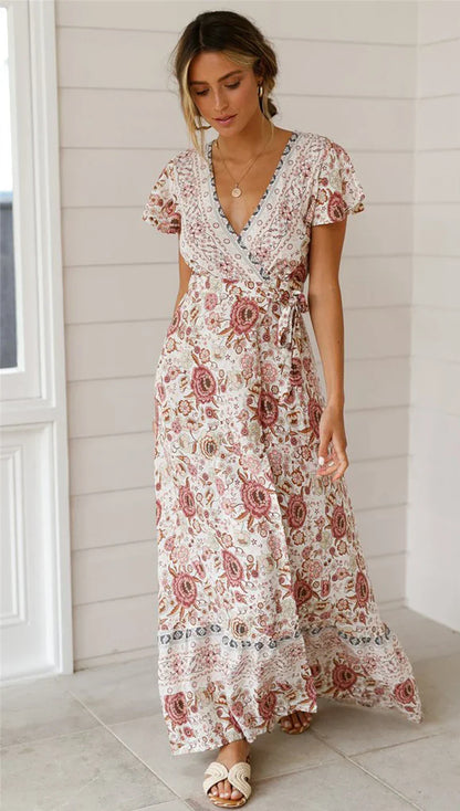 Floral Print Bat Sleeve Wrap V-neck Maxi Boho Dress