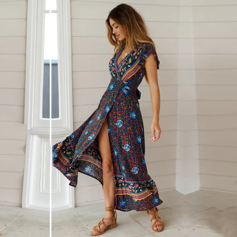 Floral Print Bat Sleeve Wrap V-neck Maxi Boho Dress