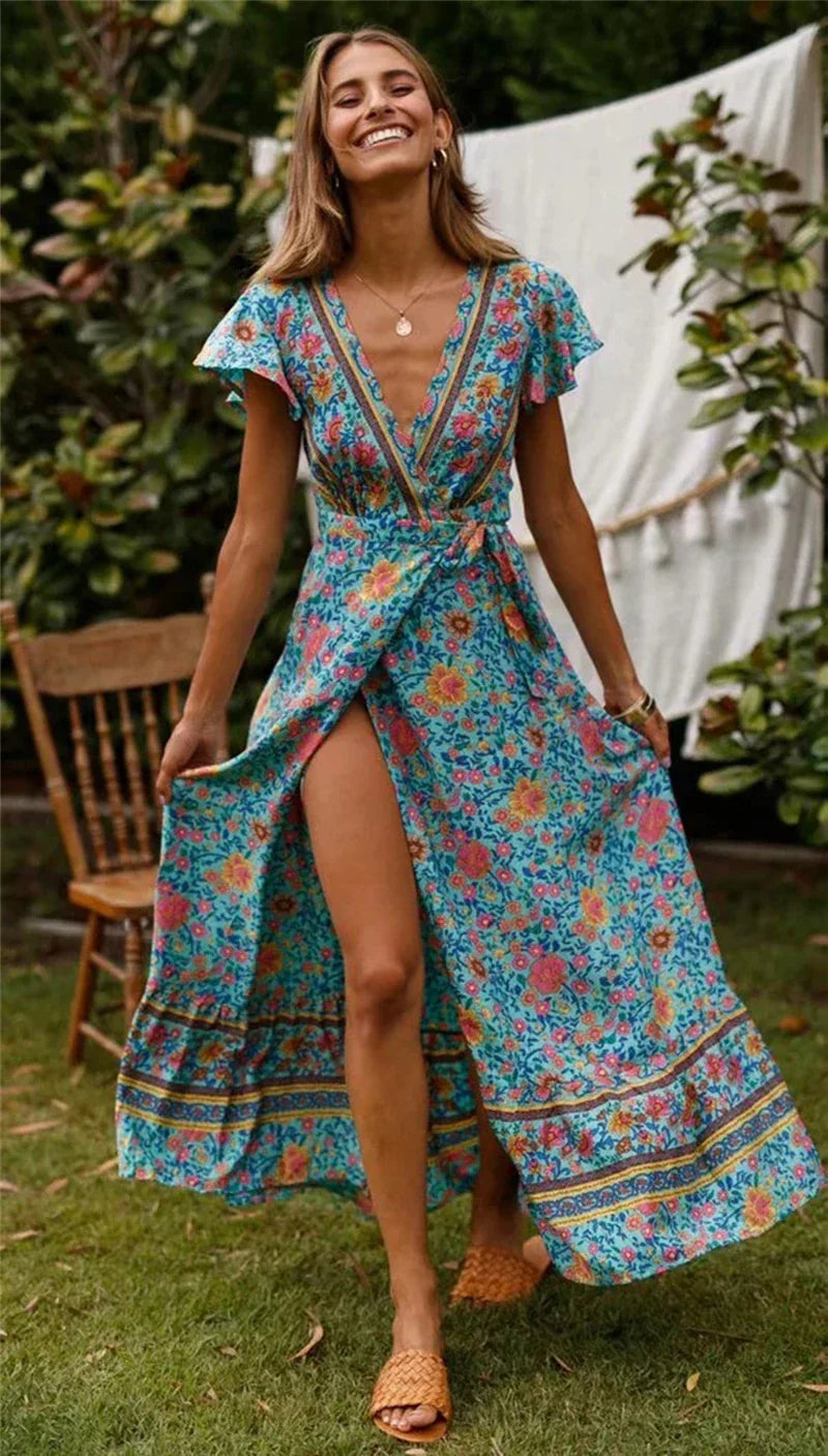 Floral Print Bat Sleeve Wrap V-neck Maxi Boho Dress