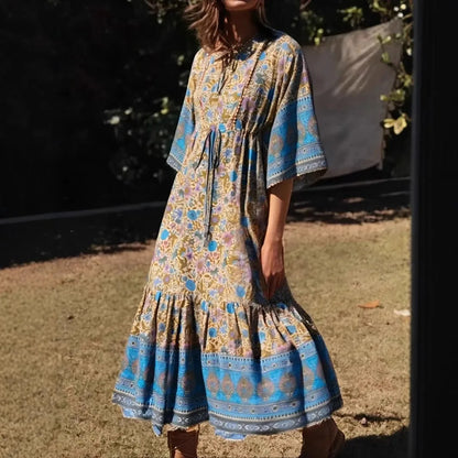 Floral Print Batwing Sleeve Tassel Rayon Maxi Boho Dress