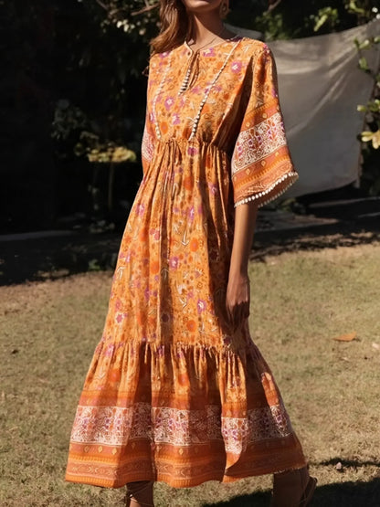 Floral Print Batwing Sleeve Tassel Rayon Maxi Boho Dress