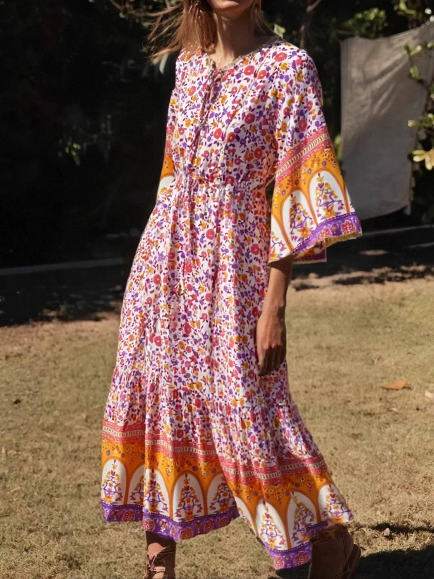 Floral Print Batwing Sleeve Tassel Rayon Maxi Boho Dress