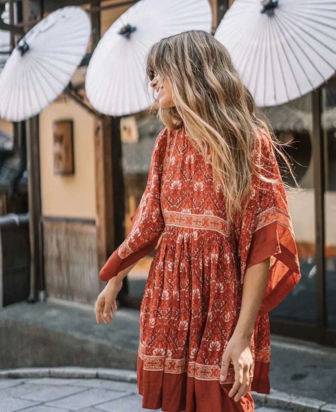 Floral Print Batwing Sleeve O-neck Summer Boho Dress