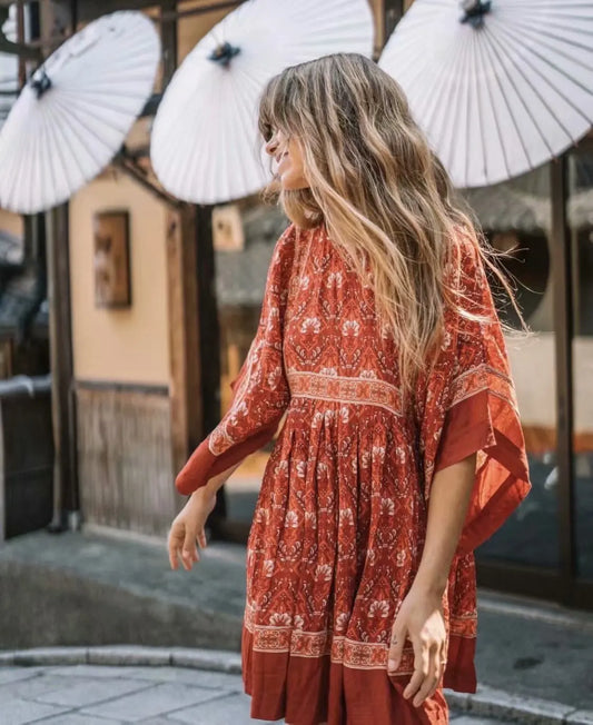 Floral Print Batwing Sleeve O-neck Summer Boho Dress