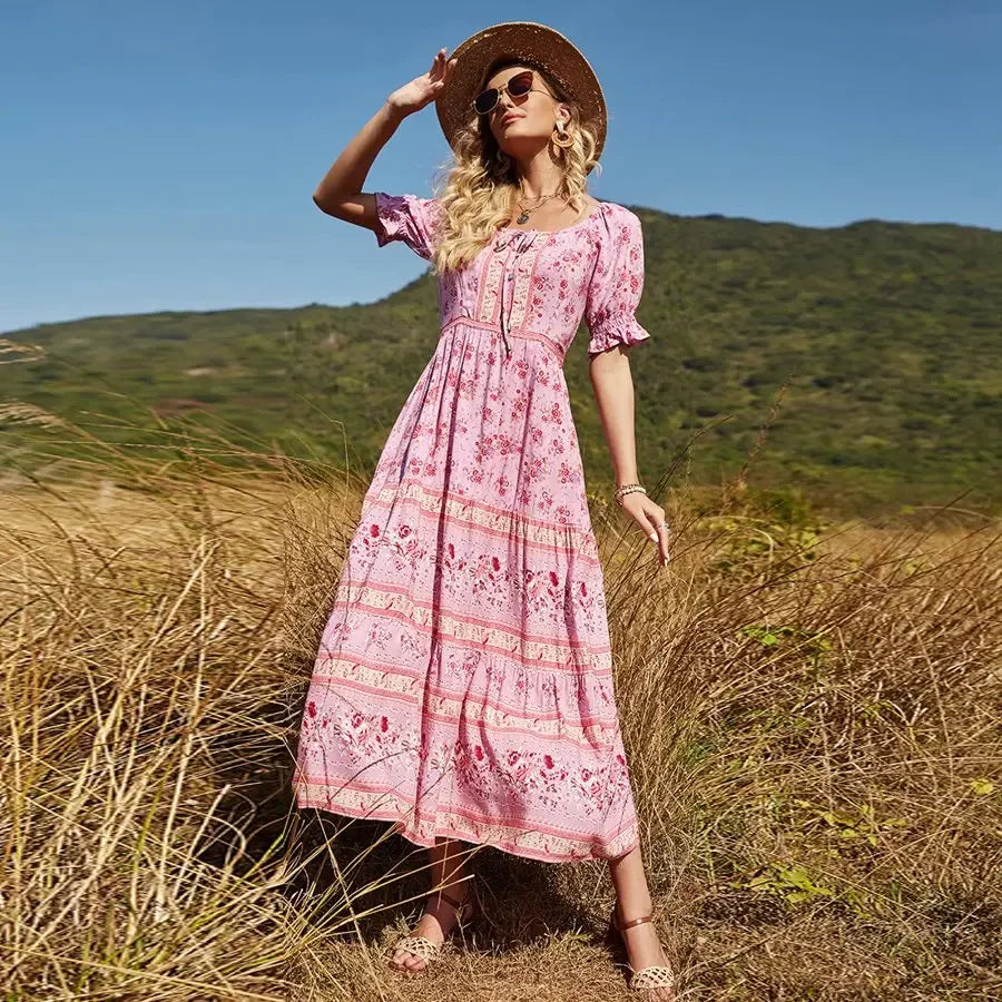 Floral Print V-neck Button Pleated Rayon Boho Dress