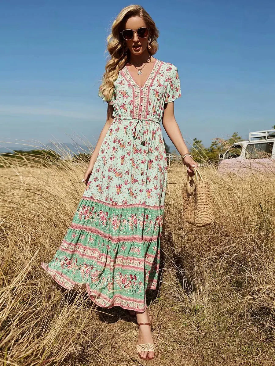 Floral Print V-neck Button Pleated Rayon Boho Dress