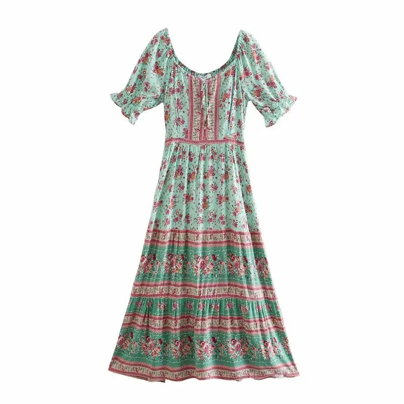 Floral Print V-neck Button Pleated Rayon Boho Dress