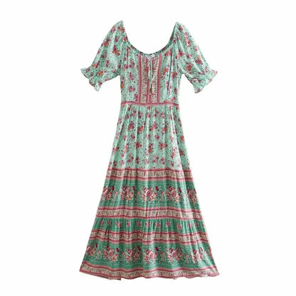 Floral Print V-neck Button Pleated Rayon Boho Dress
