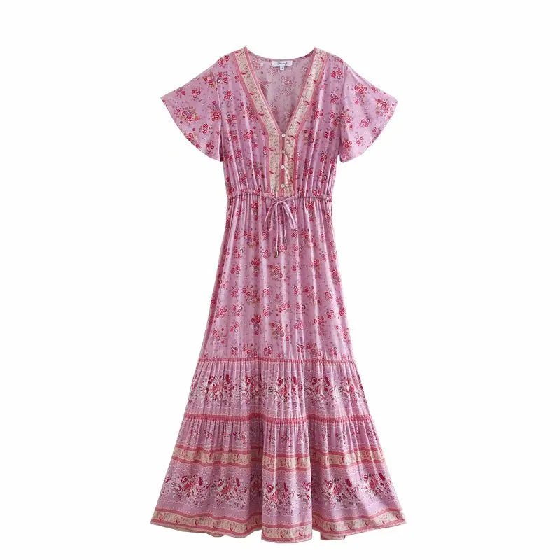 Floral Print V-neck Button Pleated Rayon Boho Dress