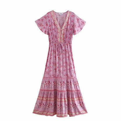 Floral Print V-neck Button Pleated Rayon Boho Dress