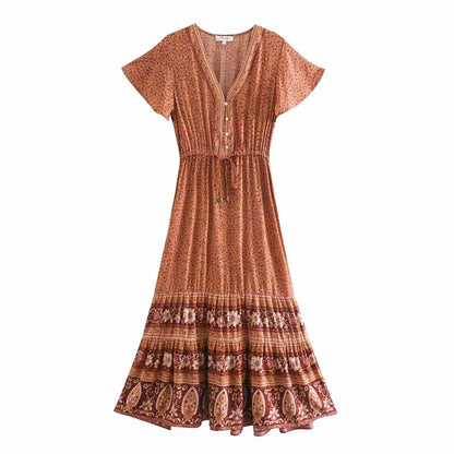 Deep V-neck Floral Button Pleated Maxi Boho Dress