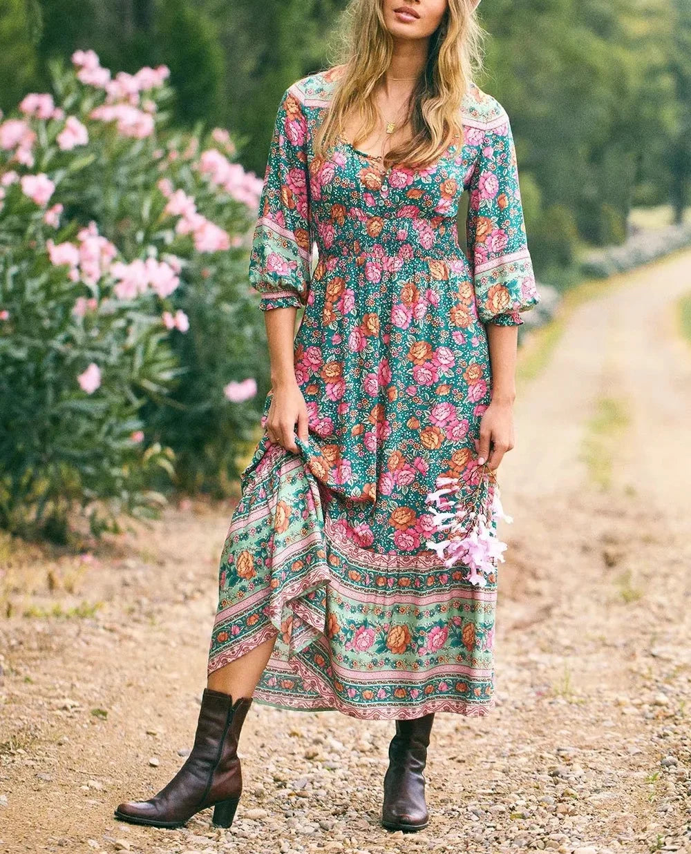 Floral Print Cross V-neck Button Summer Boho Dress