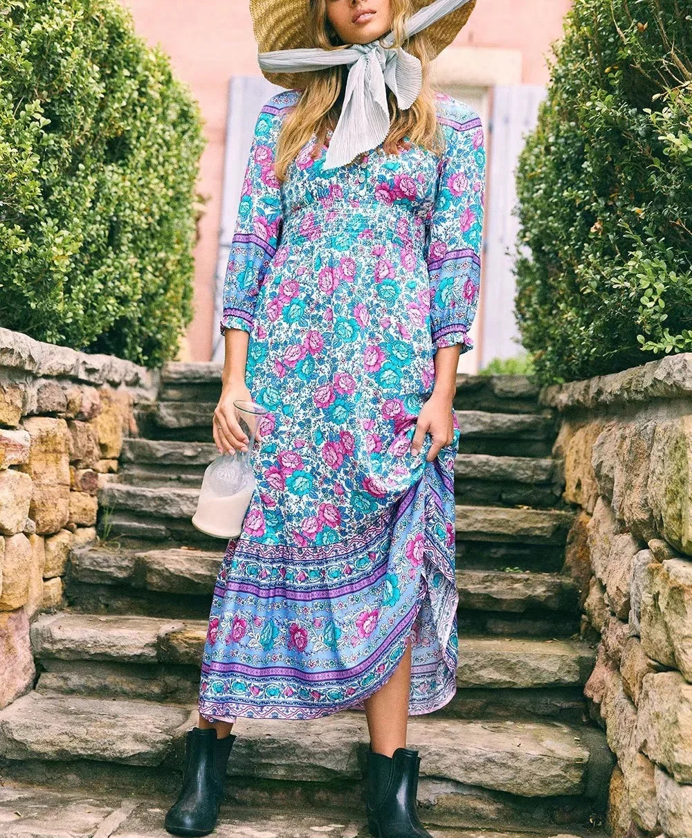 Floral Print Cross V-neck Button Summer Boho Dress