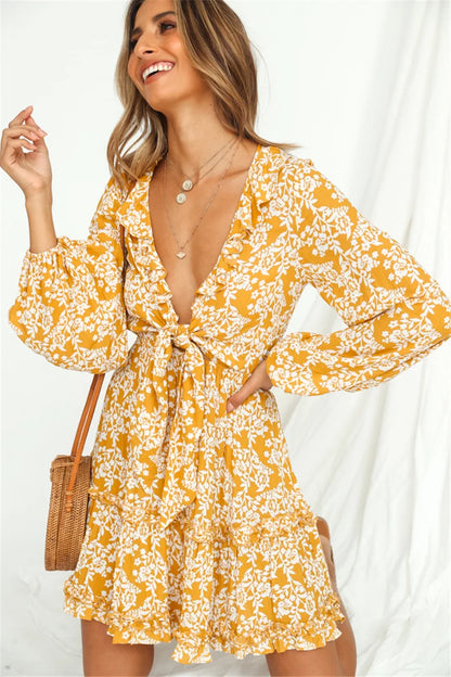 Floral Print Deep V-neck Ruffles Long Sleeve Mini Boho Dress