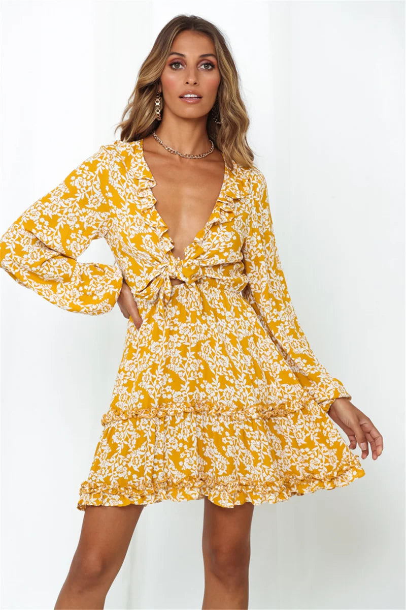 Floral Print Deep V-neck Ruffles Long Sleeve Mini Boho Dress