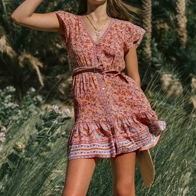 Floral Print Deep V-neck Short Sleeve Vacation Mini Boho Dress