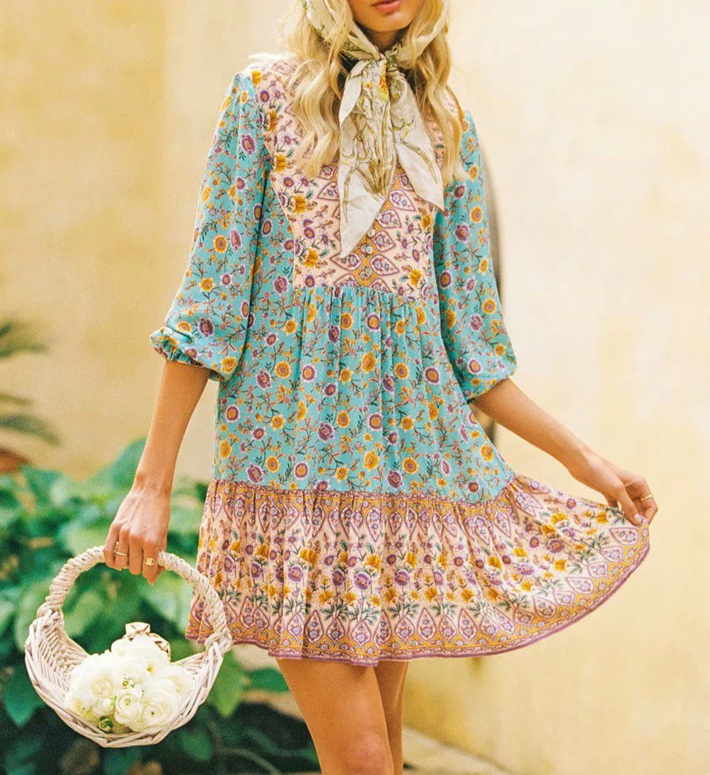 Floral Print Deep V-neck Three Quarter Sleeve Vacation Mini Boho Dress