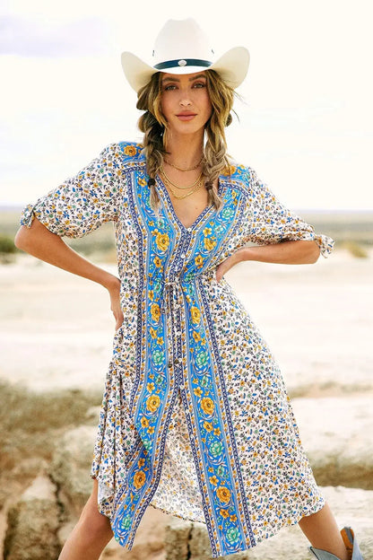 Floral Print Half Sleeve Loose Belt V-neck Vacation Midi Boho Dress
