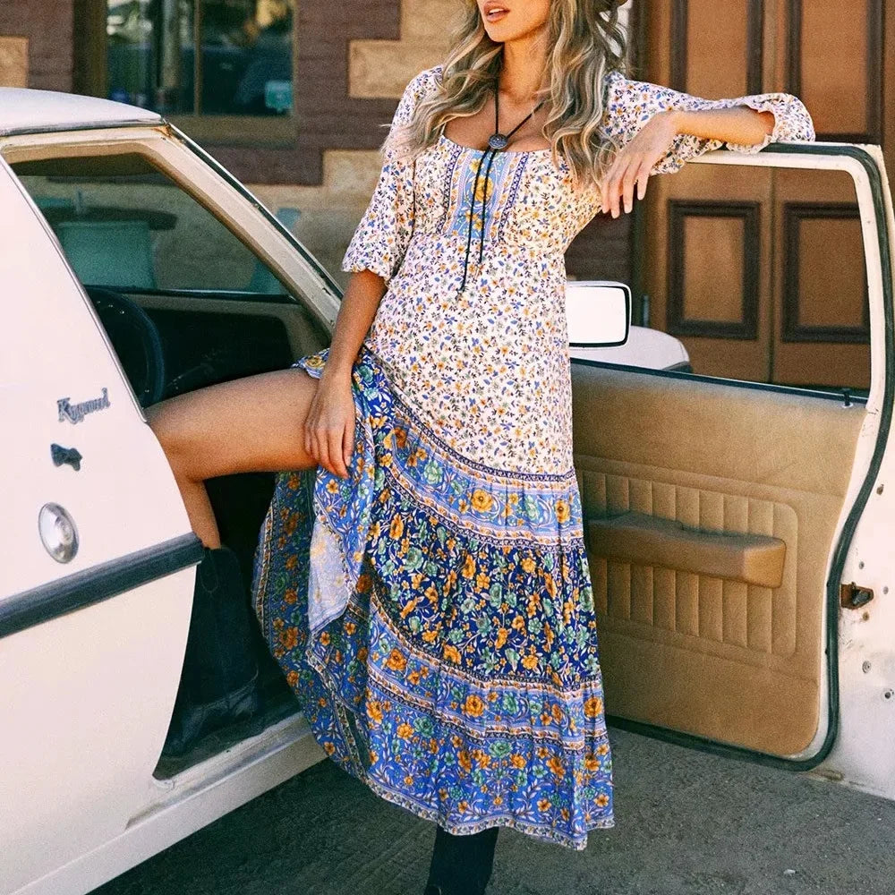 Floral Print Long Sleeve Sashes Fold O-neck Boho Dress