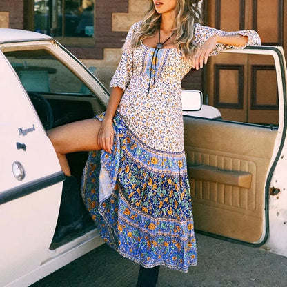 Floral Print Long Sleeve Sashes Fold O-neck Boho Dress