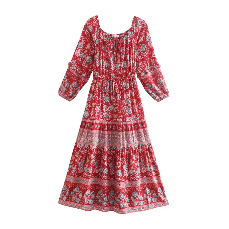 Floral Long Sleeve Belt Tassel Off Shoulder Boho Dress