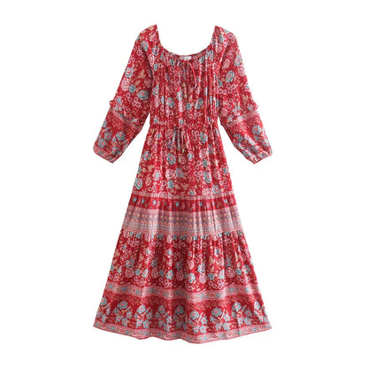 Floral Long Sleeve Belt Tassel Off Shoulder Boho Dress