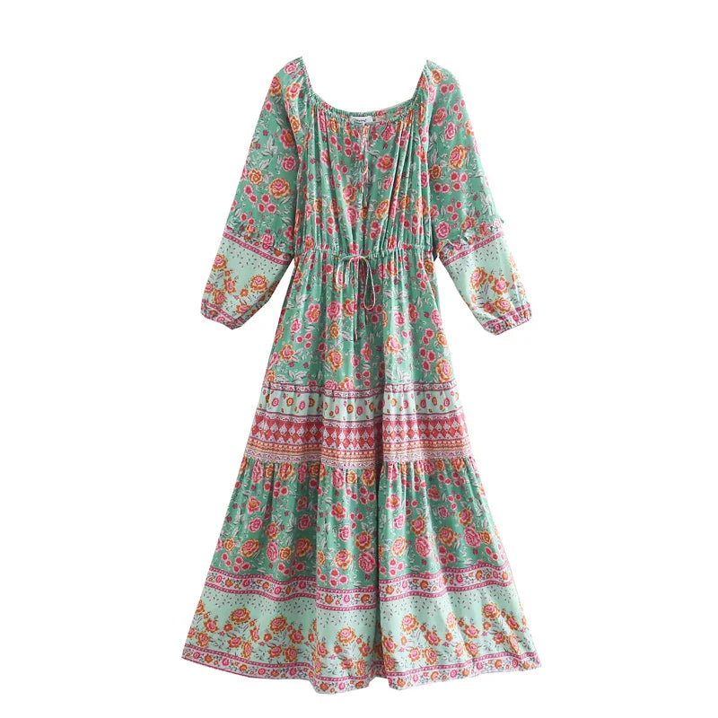 Floral Long Sleeve Belt Tassel Off Shoulder Boho Dress