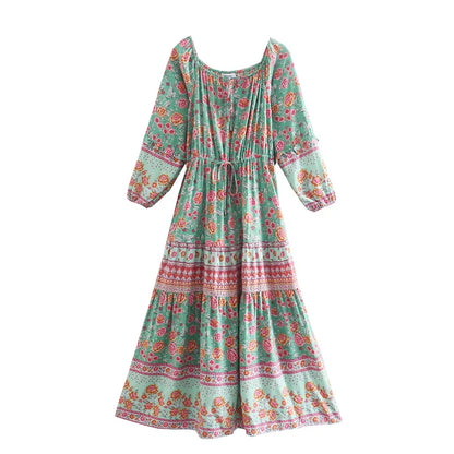 Floral Long Sleeve Belt Tassel Off Shoulder Boho Dress