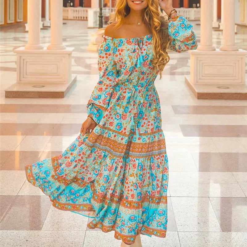 Floral Long Sleeve Belt Tassel Off Shoulder Boho Dress