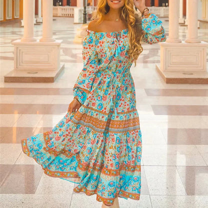 Floral Long Sleeve Belt Tassel Off Shoulder Boho Dress